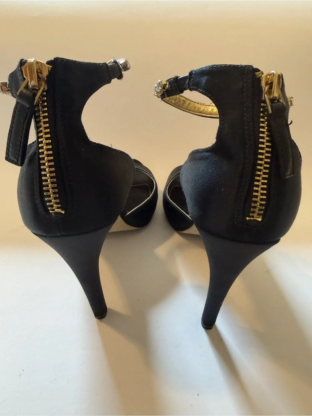Nine West Satin Black High Heels with Crystal Ankle Strap